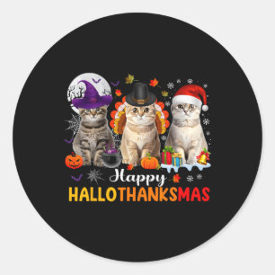 Pegatina Redonda Feliz Hallothanksmas gatos Halloween Día de Acción