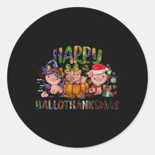 Pegatina Redonda Feliz Hallothanksmas Granja de Cerdos Animales Lin