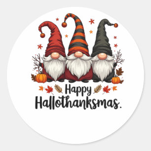 Pegatina Redonda Feliz Hallothanksmas Halloween Navidad Gnomes