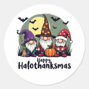 Pegatina Redonda Feliz Hallothanksmas Navidad Gnomes de Halloween