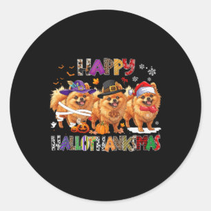 Pegatina Redonda Feliz Hallothanksmas Perro Pomerania Halloween Chr