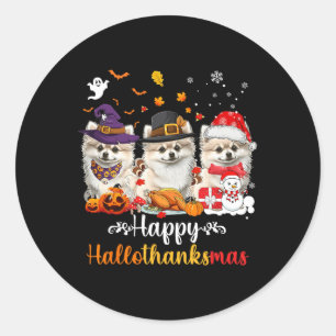 Pegatina Redonda Feliz Hallothanksmas Perro Pomerania Halloween Chr
