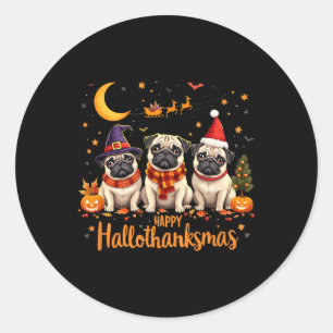 Pegatina Redonda Feliz Hallothanksmas Pug Dogs Halloween Thanksgivi
