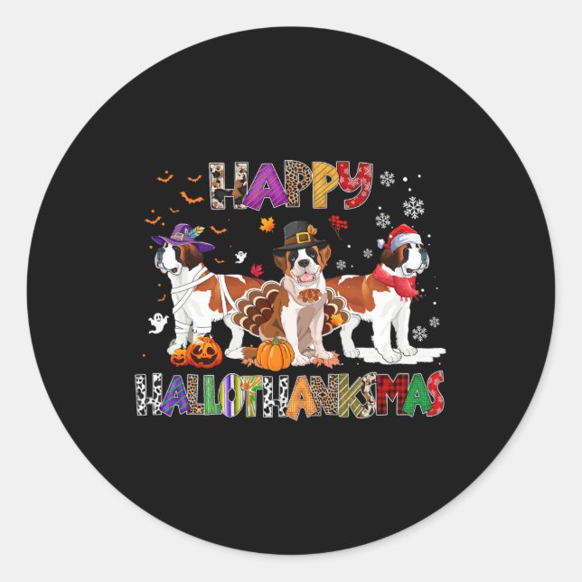 Pegatina Redonda Feliz Hallothanksmas San Bernard Perro Halloween C (Anverso)