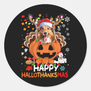 Pegatina Redonda Feliz Hallothanksmas Shetland Sheepdog Dog
