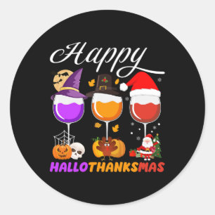 Pegatina Redonda Feliz Hallothanksmas Vino Halloween Thanksgi