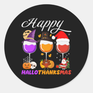 Pegatina Redonda Feliz Hallothanksmas Wine Gl Halloween Thanksgivin