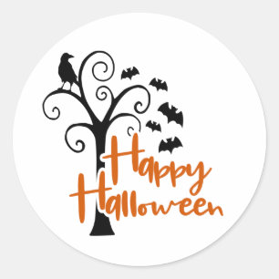 Pegatina Redonda Feliz Halloween Árbol Naranja Negro Murciélagos Ma