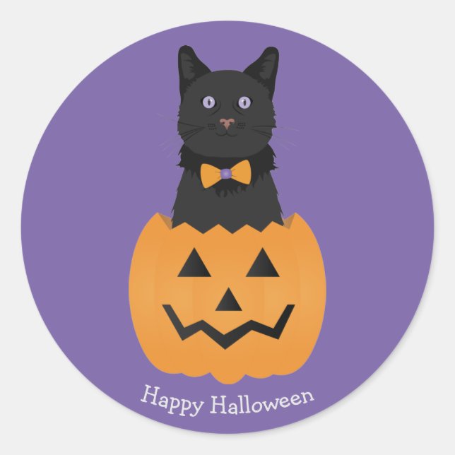 Pegatina Redonda Feliz Halloween Black Cat Pumpkin (Anverso)