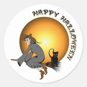Pegatina Redonda Feliz Halloween Black Cat y Witch
