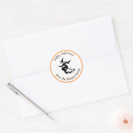 Pegatina Redonda Feliz Halloween Black Flying Witch Custom Name