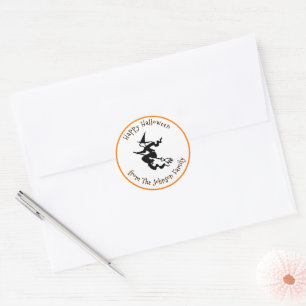 Pegatina Redonda Feliz Halloween Black Flying Witch Custom Name