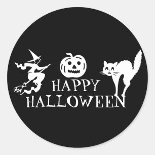 Pegatina Redonda Feliz Halloween blanco negro espantado
