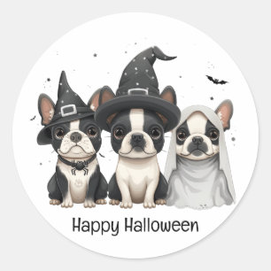 Pegatina Redonda Feliz Halloween Boston Terrier Dogs