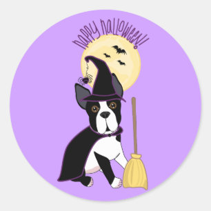 Pegatina Redonda Feliz Halloween Boston Terrier Witch