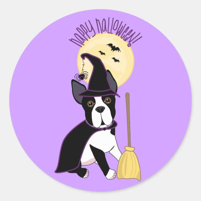 Pegatina Redonda Feliz Halloween Boston Terrier Witch (Anverso)