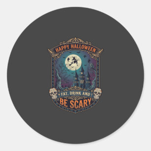Pegatina Redonda Feliz Halloween Bruja Castillo Calaveras Gordo Beb