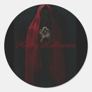 Pegatina Redonda Feliz Halloween Bruja de Capucha Roja Espeluznante