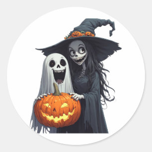 Pegatina Redonda Feliz Halloween Bruja Fantasma Calabaza 🪄