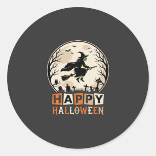 Pegatina Redonda Feliz Halloween Bruja Luna Cementerio Diseño_1