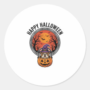 Pegatina Redonda Feliz Halloween Bulldog Bruja Calabaza Camiseta Vi