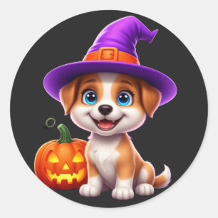 Pegatina Redonda Feliz Halloween Cachorro Con Jack O Linterna 🐶