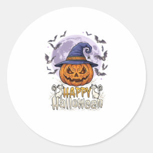 Pegatina Redonda Feliz Halloween Calabaza Bruja Sombrero Murciélago