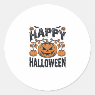 Pegatina Redonda Feliz Halloween Calabaza Diseño de Grabado Vintage