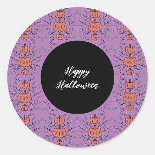 Pegatina Redonda Feliz Halloween Calabaza Doodle Patrón Continuo   