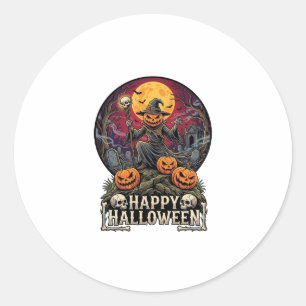 Pegatina Redonda Feliz Halloween Calabaza Mago Cementerio Luna Llen