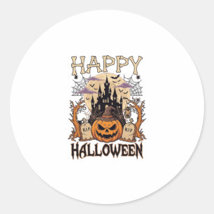 Pegatina Redonda Feliz Halloween Calabaza Sombrero de Bruja Castill