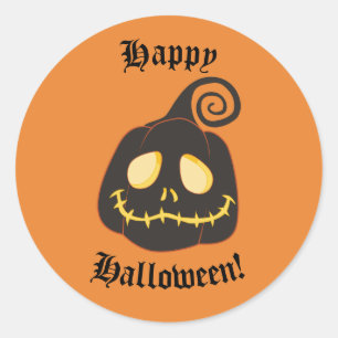 Pegatina Redonda Feliz Halloween Calabaza Sonriente Caprichosa Negr