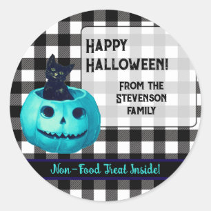 Pegatina Redonda Feliz Halloween Calabaza Teal y Cuadros 