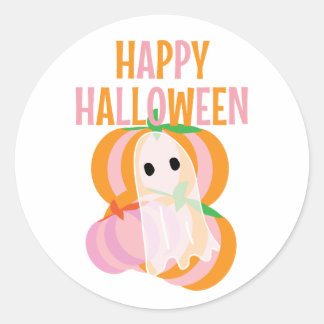 Pegatina Redonda Feliz Halloween calabazas rosadas y un fantasma