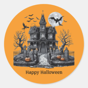 Pegatina Redonda Feliz Halloween casa embrujada