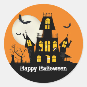 Pegatina Redonda Feliz Halloween Casa Embrujada Espeluznante y Tétr
