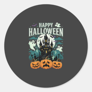 Pegatina Redonda Feliz Halloween Castillo Embrujado Fantasmas y Cal