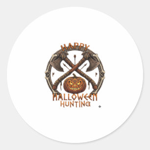 Pegatina Redonda Feliz Halloween Caza Calabaza Hachas Cruzadas Hues