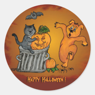 Pegatina Redonda Feliz Halloween con el perro y la araña del palo
