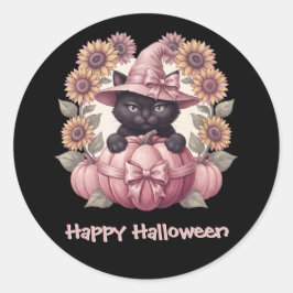 Pegatina Redonda Feliz Halloween Coquette Gato Negro y Calabaza Ros