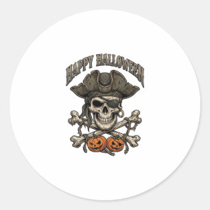 Pegatina Redonda Feliz Halloween Cráneo de Pirata Huesos Cruzados C