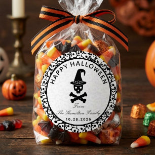 Pegatina Redonda Feliz Halloween Cráneo Sombrero de Bruja Personali