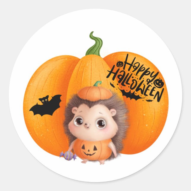 Pegatina Redonda Feliz Halloween Cuida Bebé Hedgehog y Calabaza (Anverso)