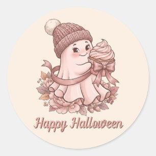 Pegatina Redonda Feliz Halloween Cute Otoño Cosecha Fantasma&Cupcak