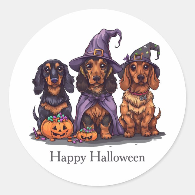 Pegatina Redonda Feliz Halloween Dachshund Perros Brujos (Anverso)