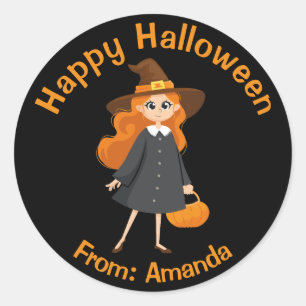 Pegatina Redonda Feliz Halloween dulce bruja negro y Naranja divert