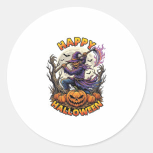 Pegatina Redonda Feliz Halloween Espantapájaros Segador Guadaña Fla