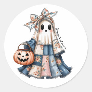 Pegatina Redonda Feliz Halloween espeluznante fantasma de los parch