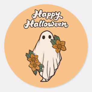 Pegatina Redonda Feliz Halloween Fantasma Lindo con Flores