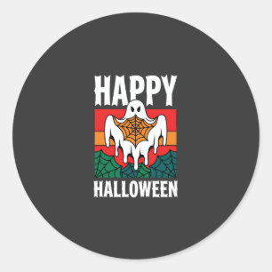 Pegatina Redonda Feliz Halloween Fantasma Telaraña Retro